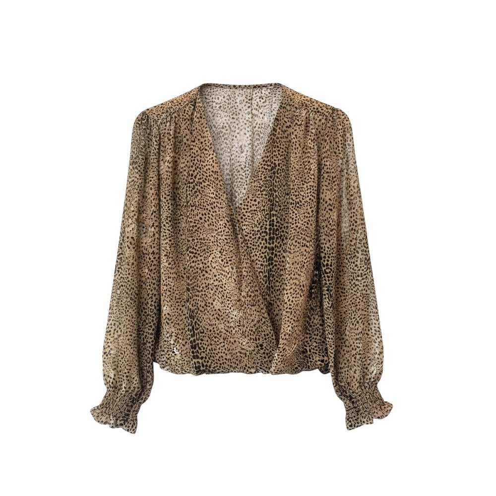 Veronica M Womens Brown Black Animal Print Sheer Surplice Blouse Medium Sexy Top